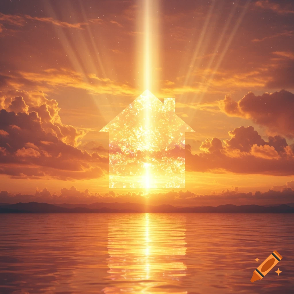 A glowing house silhouette radiates light over a serene sunset landscape with water and mountains.