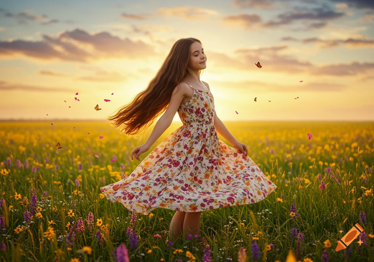 Young girl with long hair twirling in a vibrant flower field at sunset ...