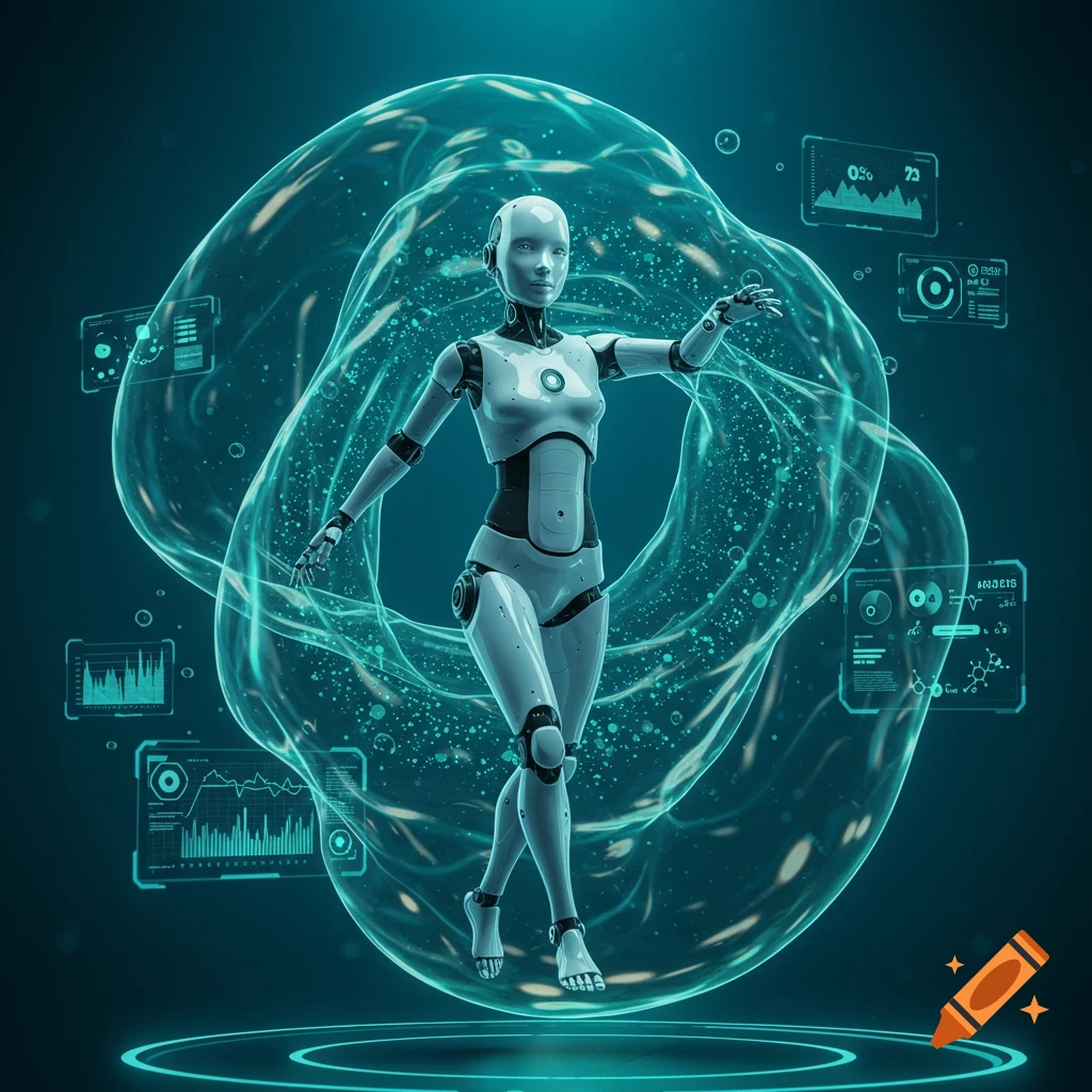 A white humanoid robot stands within a glowing cyan energy field, surrounded by futuristic digital data screens.