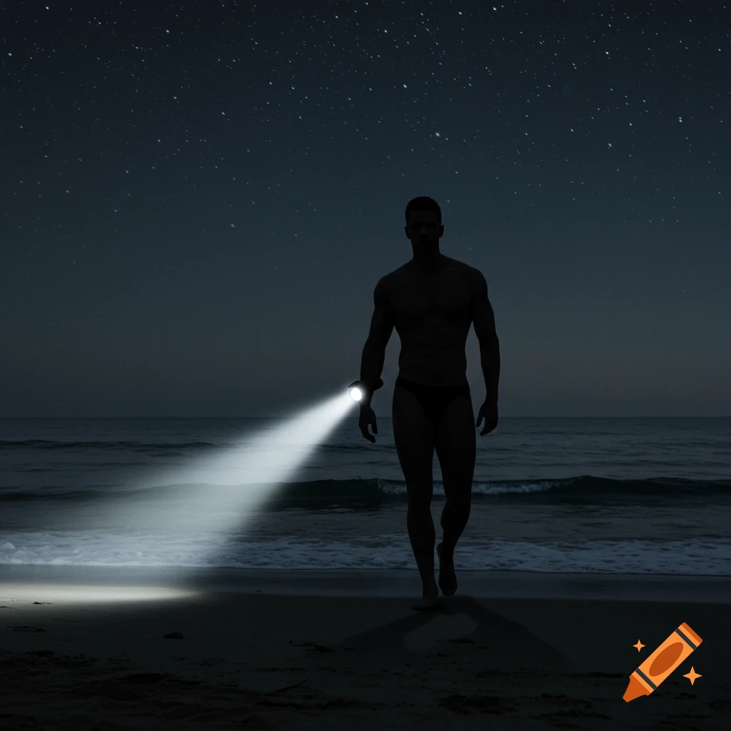 A muscular man in a speedo walks on a dark beach at night, illuminated by a flashlight, under a starry sky.
