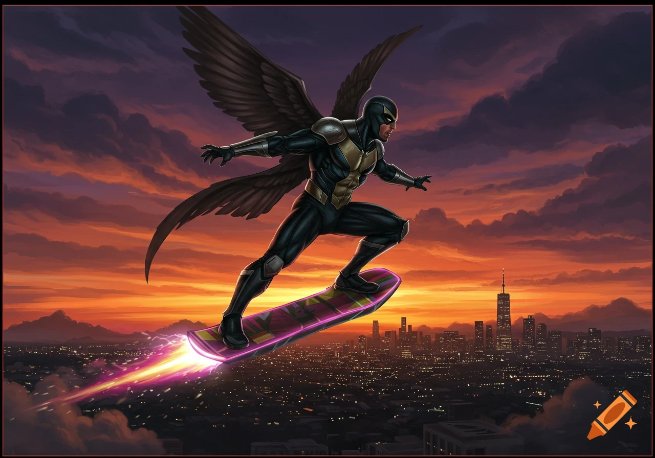 Winged superhero in a black and gold suit flying on a glowing hoverboard above a city at sunset, comic art style.