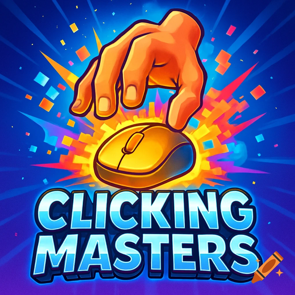 A cartoon image of a hand over a golden computer mouse with an explosive background. The title "CLICKING MASTERS" is below.