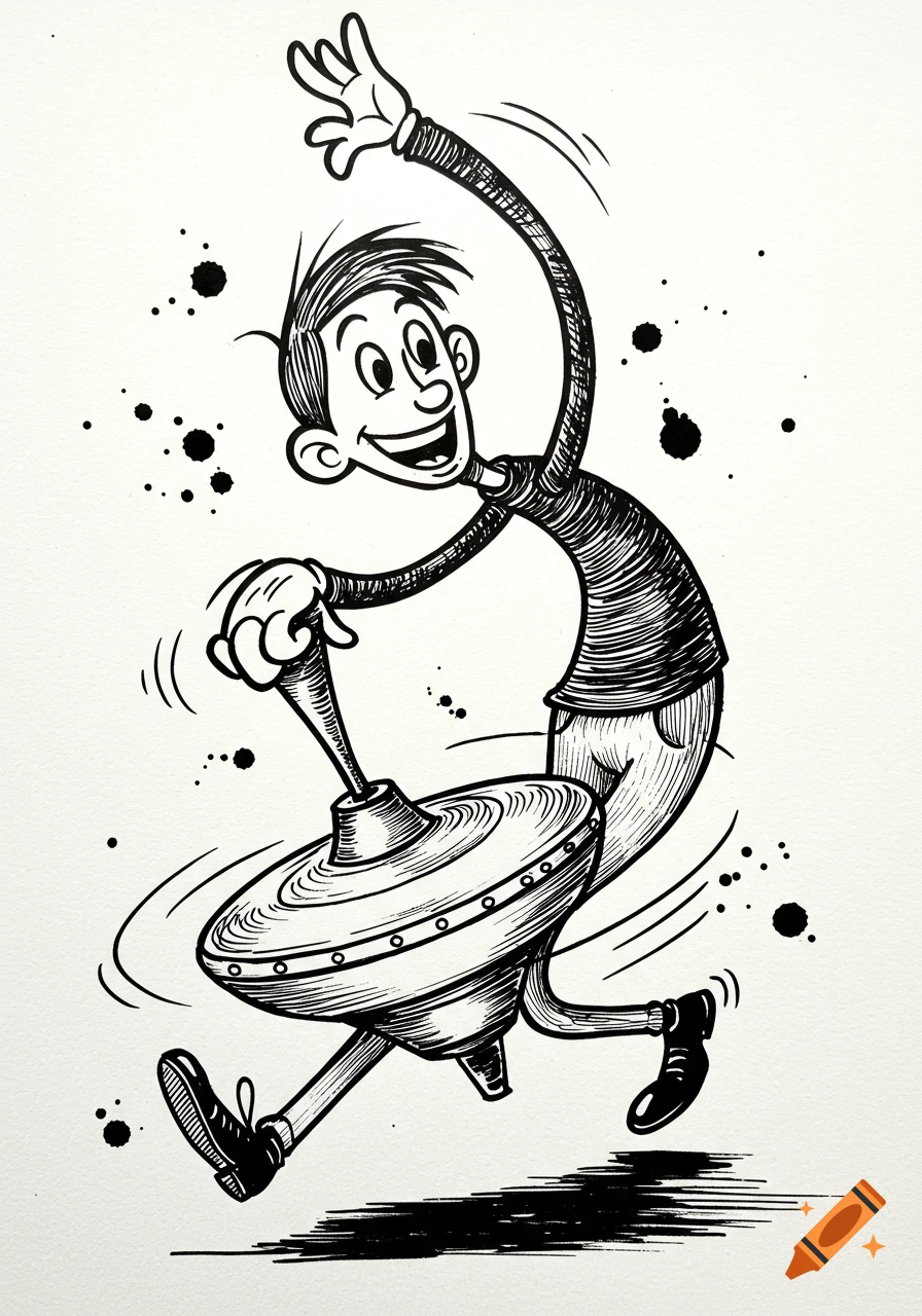 A simple black and white ink cartoon of a happy man spinning a large top.