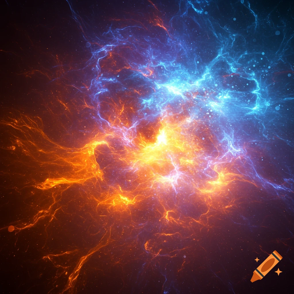 Swirling cosmic energy in hues of bright orange, yellow, and electric blue, resembling a nebula or plasma cloud in dark space.