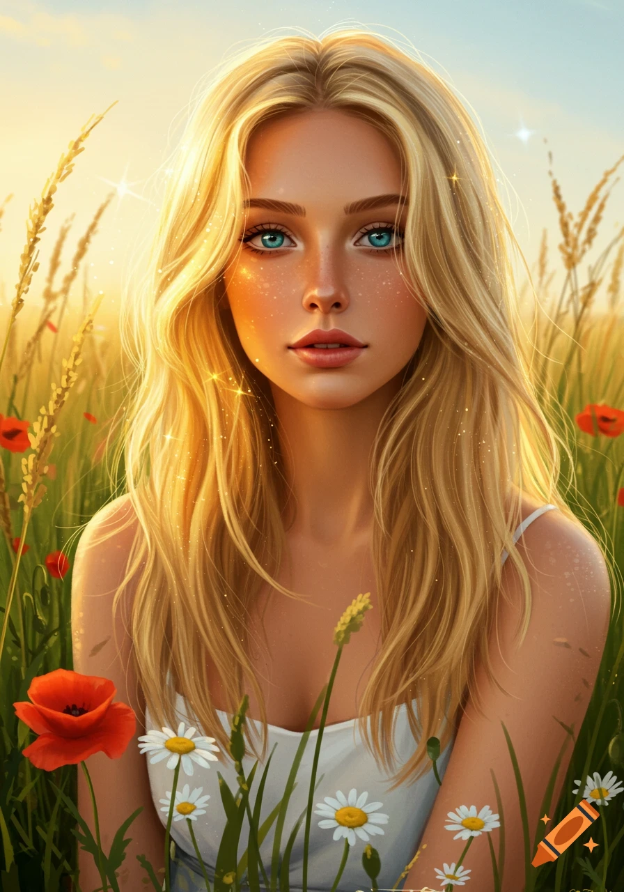A beautiful blonde woman with blue eyes in a golden wheat field with red poppies and white daisies, at sunset. Digital art.