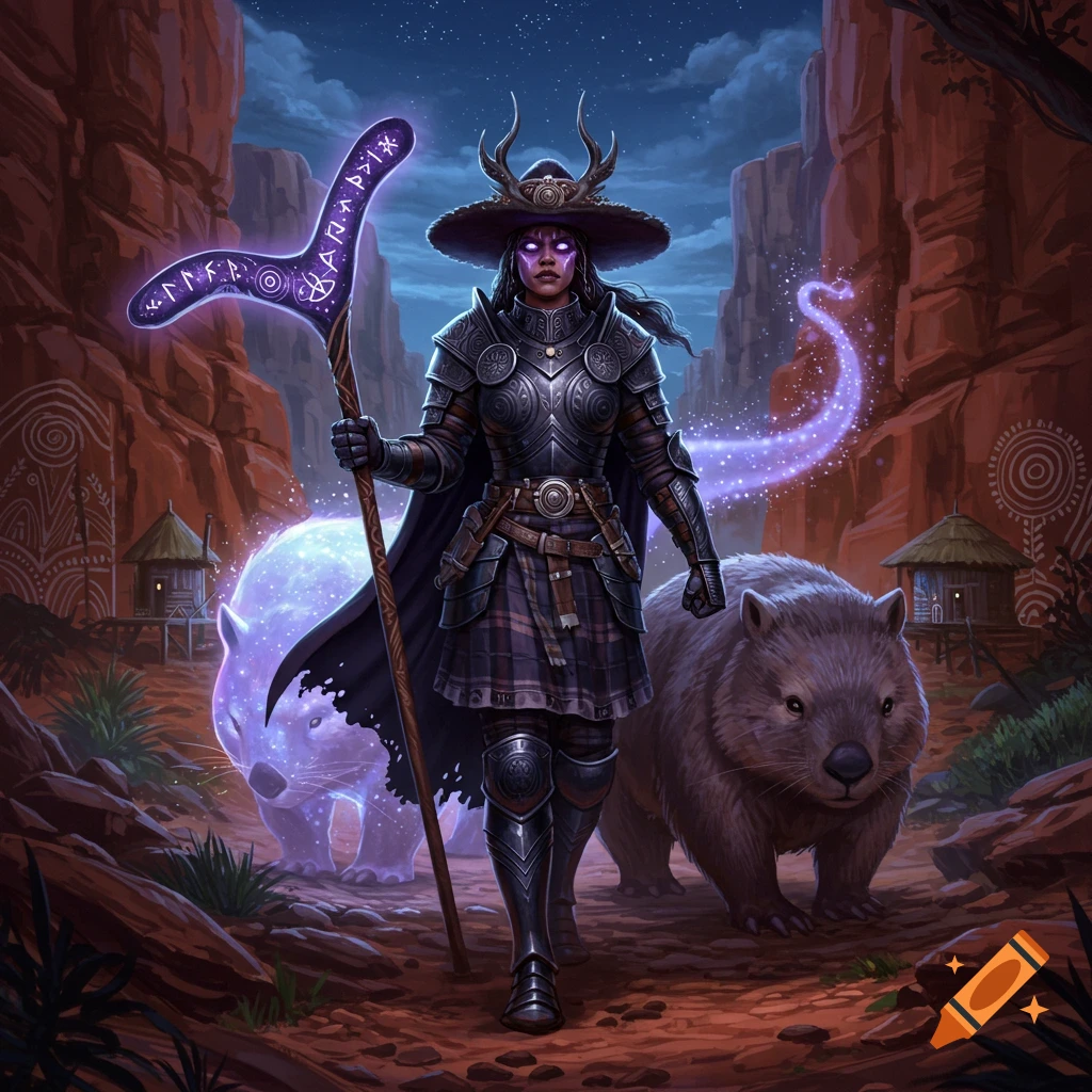 A dark-skinned female warrior in ornate armor and a wide-brimmed hat with glowing purple eyes stands with a glowing boomerang staff and a large wombat in a canyon at night. Cosmic dust trails behind them.