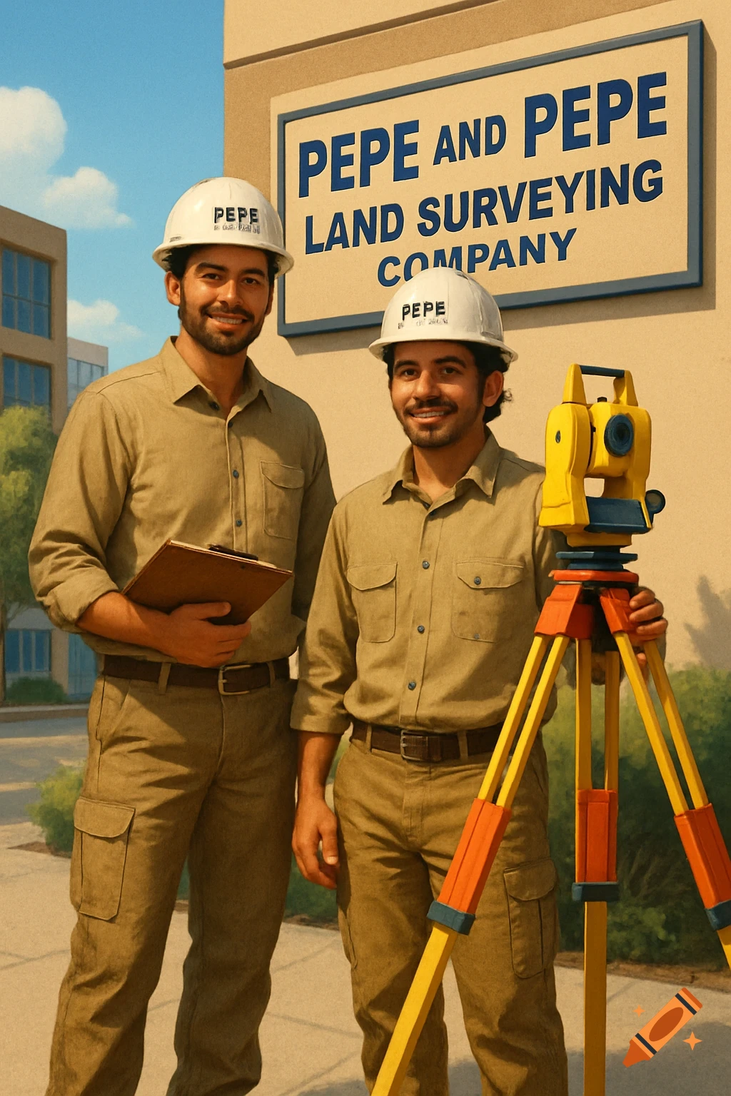 Two smiling Hispanic land surveyors in uniform and hard hats stand with a surveying instrument in front of a company sign.