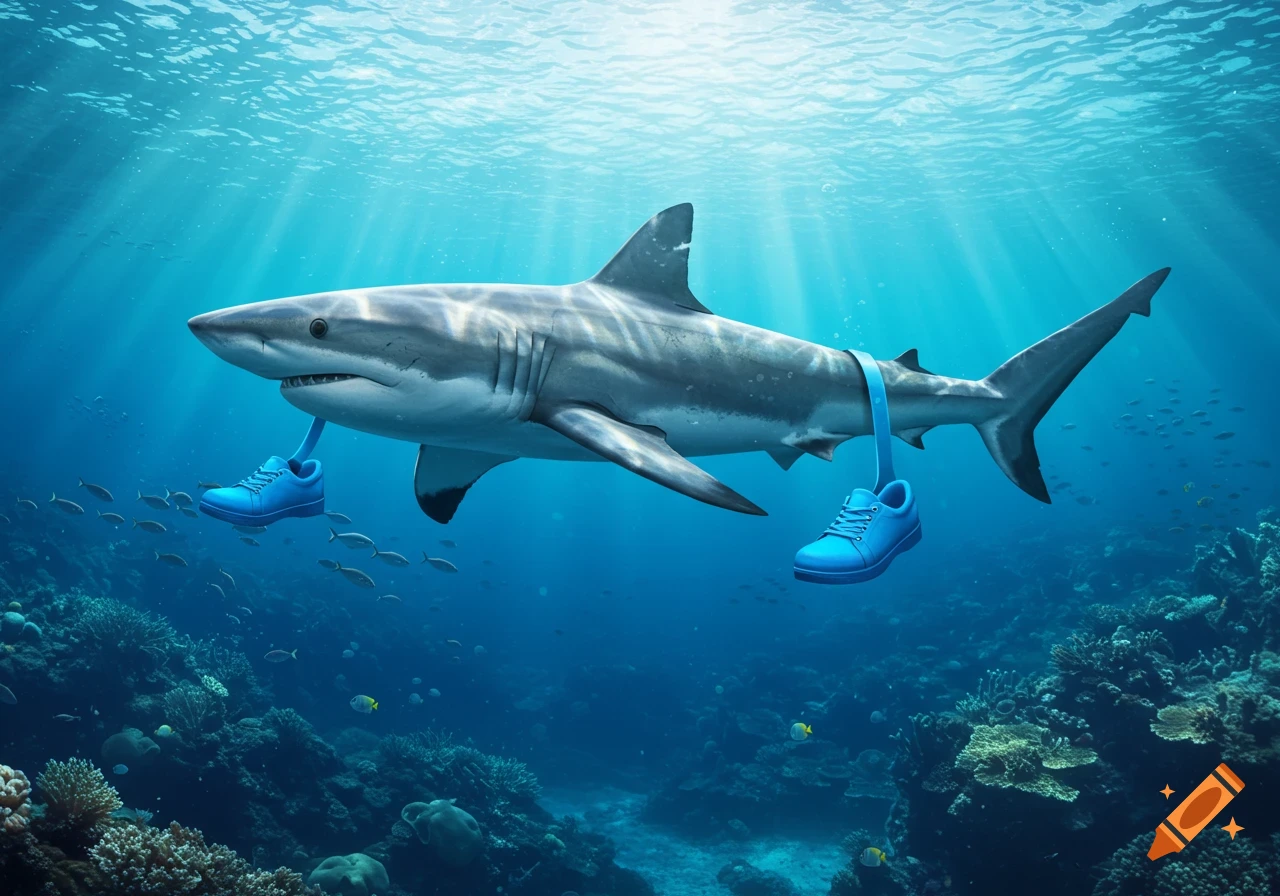 A photorealistic image of a shark swimming underwater, wearing bright blue sneakers on its fins, with sunlight dappling from above.