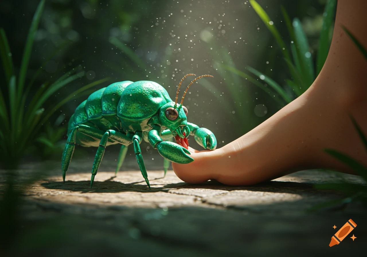 A large, metallic green insect with lobster-like claws approaches a human foot on a forest floor.