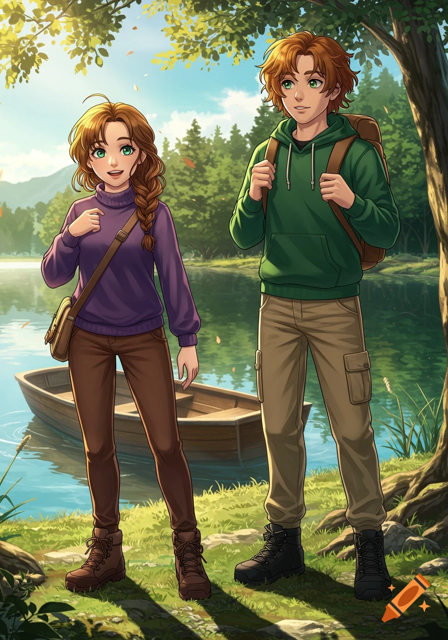 Anime style teen couple, dressed for hiking, stand by a lake with a small boat.