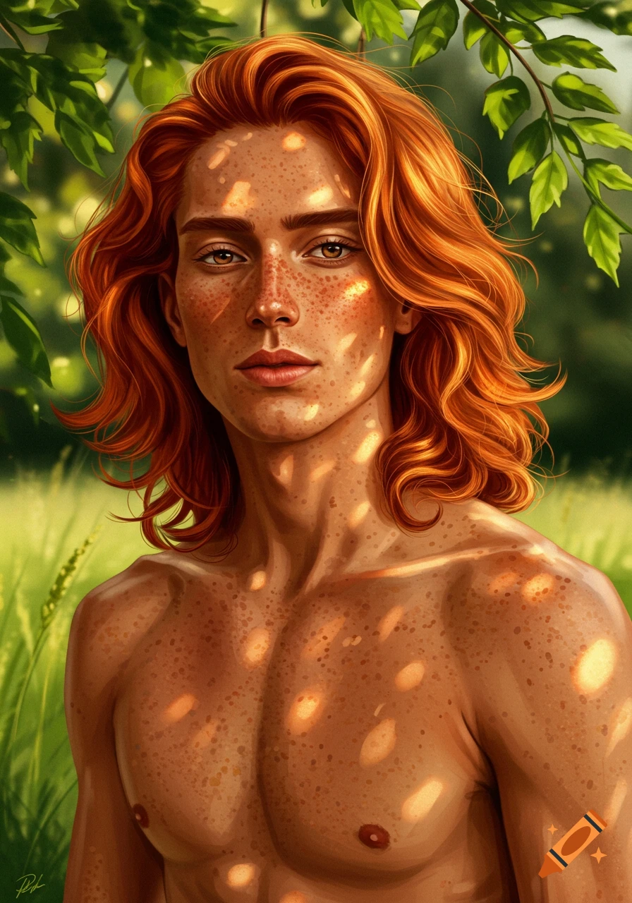 A vibrant digital painting of a shirtless red-haired man with freckles and flowing hair, bathed in dappled sunlight from overhead leaves in a green, natural setting.