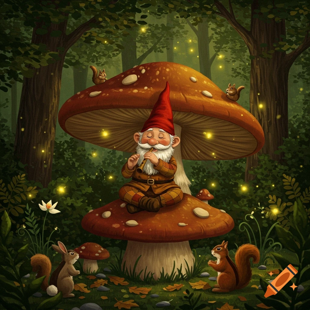 A whimsical illustration of a gnome playing a flute on a large mushroom in a magical forest with fireflies, squirrels, and a rabbit.