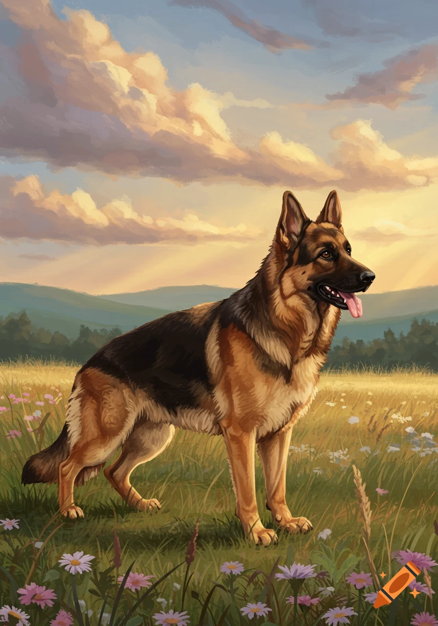 A majestic German Shepherd dog stands in a grassy field with colorful flowers under a vibrant sunset sky, painted in an illustrative style.