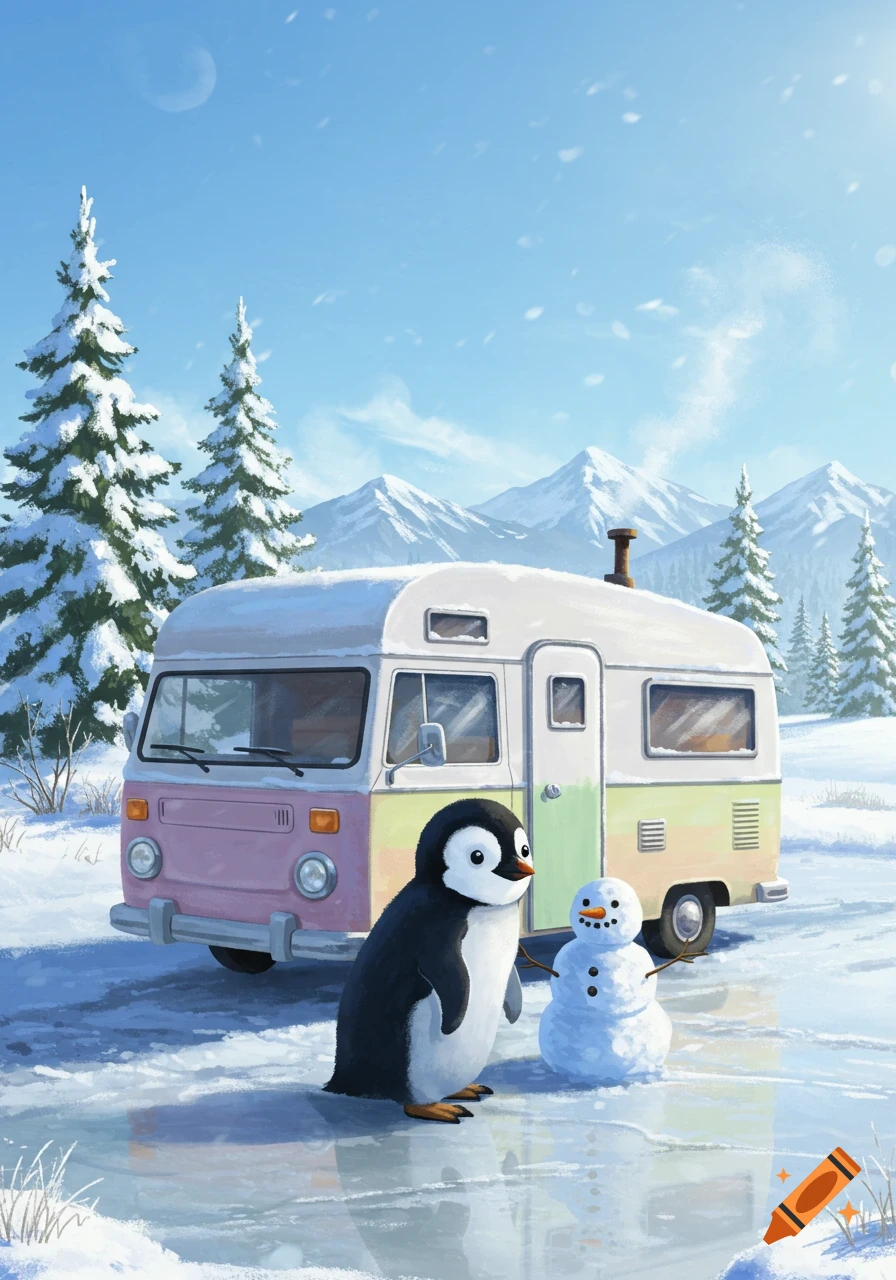 A cute penguin and a snowman stand on ice in a snowy mountain landscape with a colorful campervan and pine trees. Illustration.