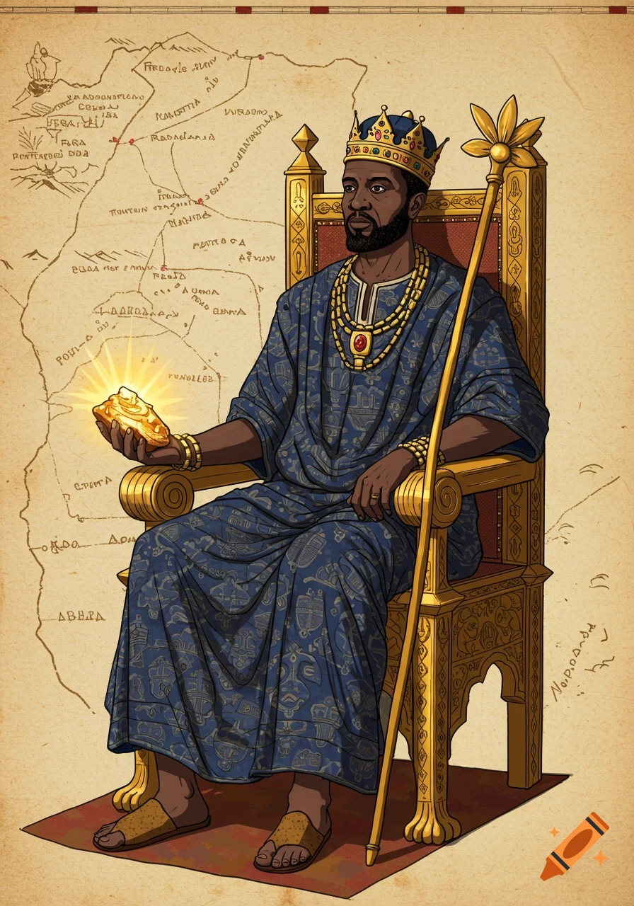 An illustration in the style of the Catalan Atlas showing an African king on a golden throne, holding a glowing piece of gold. He wears a crown and blue patterned robes, with a scepter beside him. A map is in the background.