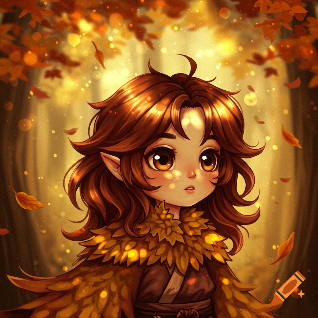 A cute anime elf girl with brown hair and large eyes, wearing a cloak made of autumn leaves, stands among falling golden leaves.