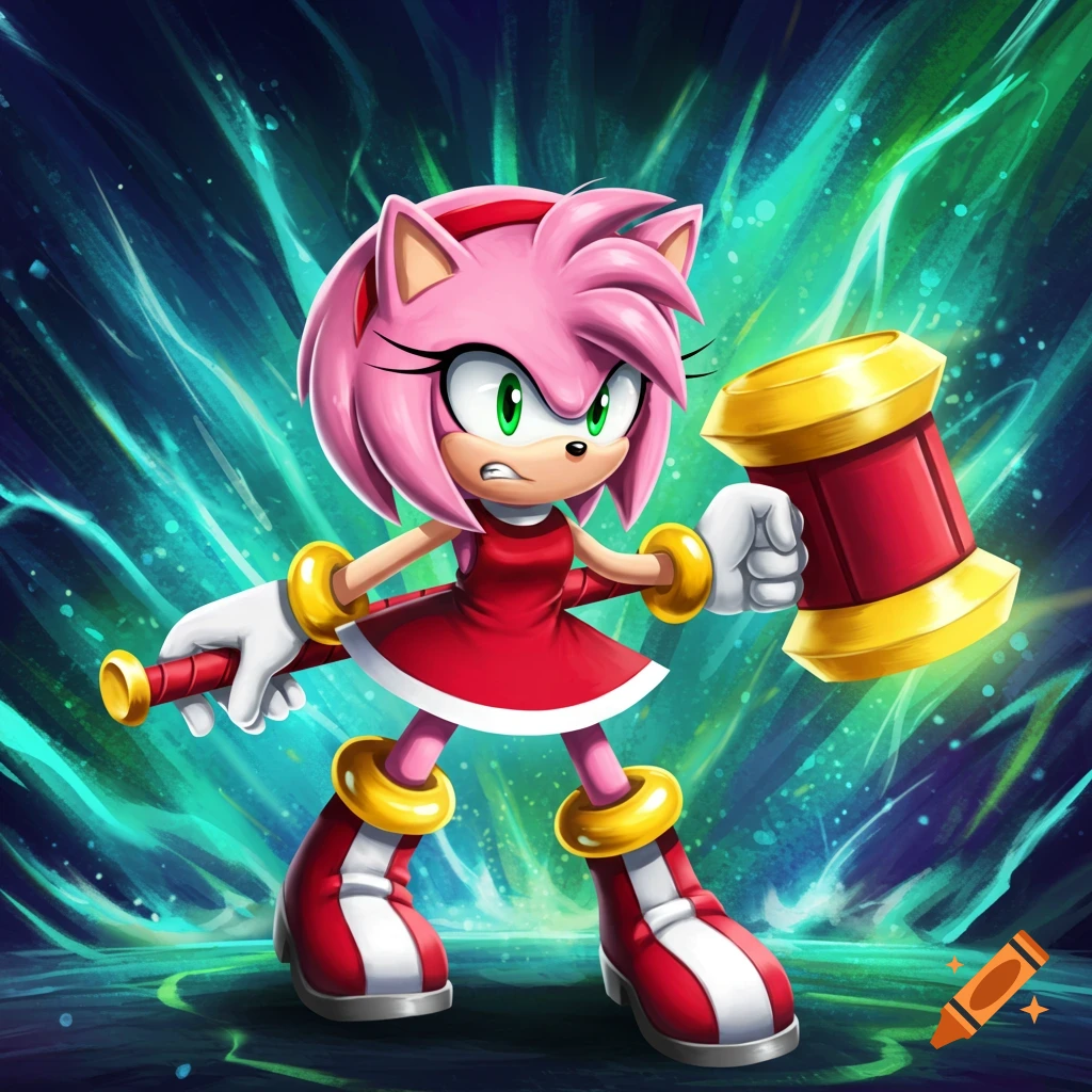 Pink hedgehog Amy Rose from Sonic the Hedgehog, wielding a large red and gold hammer with an angry expression against a vibrant blue and green background.