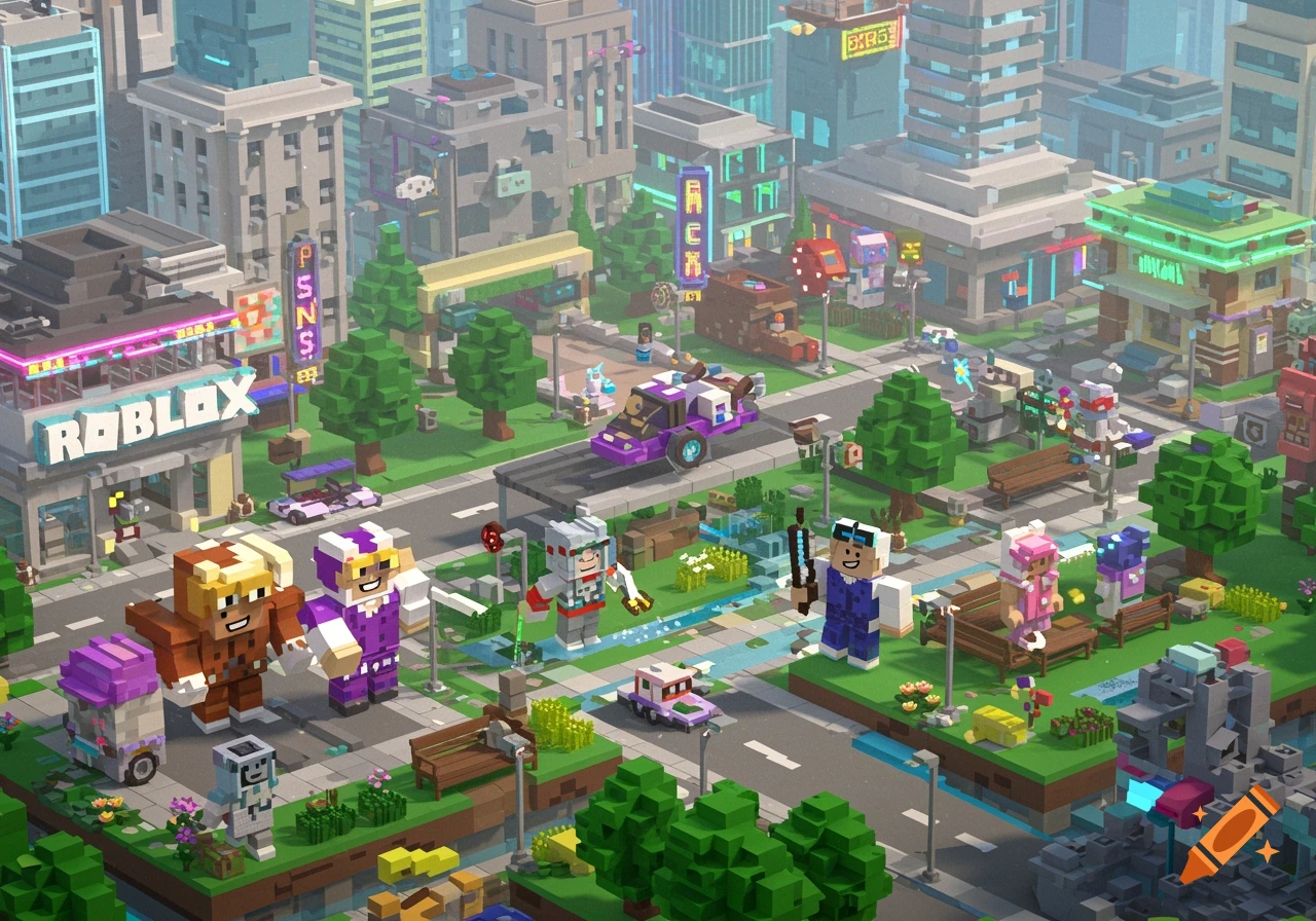 An isometric pixel art city scene with blocky buildings, roads, and characters, including a prominent "ROBLOX" sign.