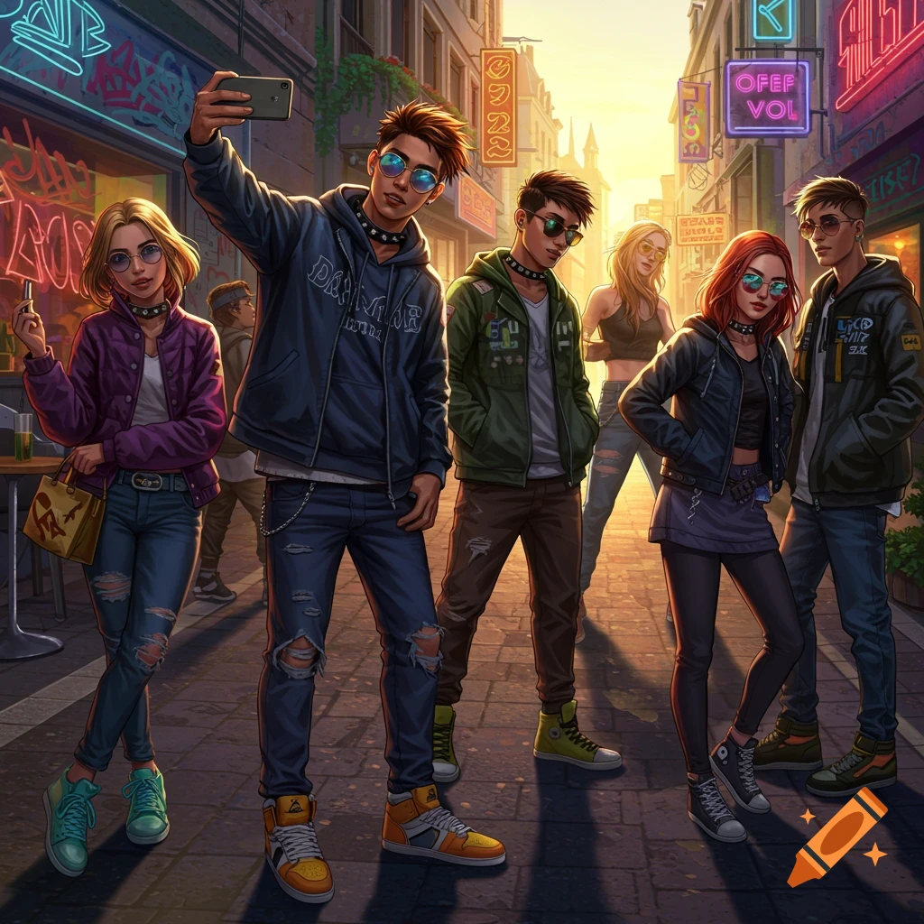 A group of young, fashionably dressed men and women taking a selfie on a city street at sunset, with neon signs in the background, in a stylized art style.