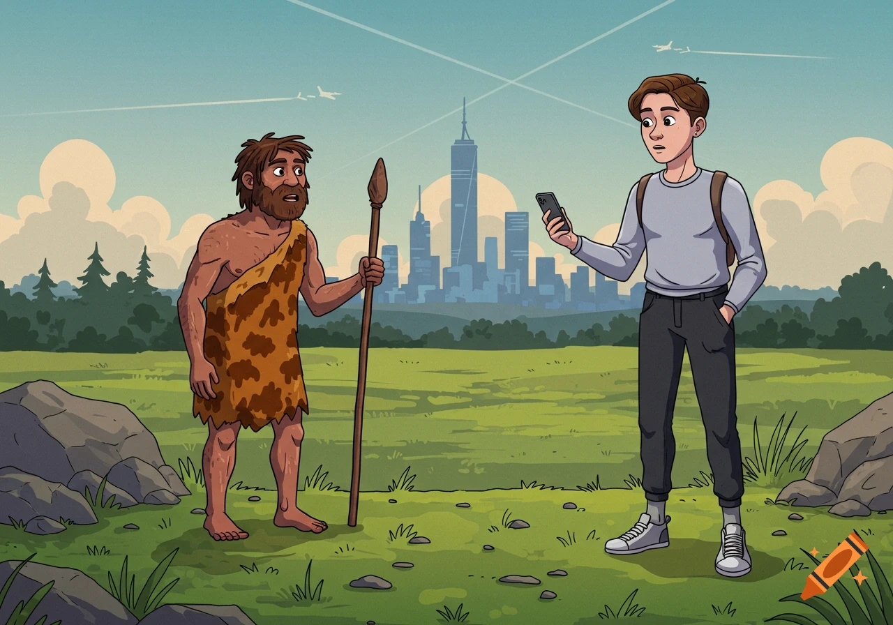 Cartoon of a caveman with a spear meeting a modern man holding a phone in a grassy field with a city skyline.