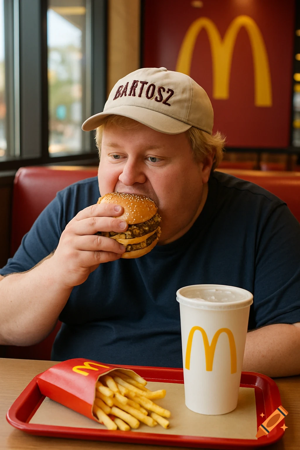 A photorealistic image of a man with blonde hair and a "BARTOSZ" hat eating a burger and fries at McDonald's.