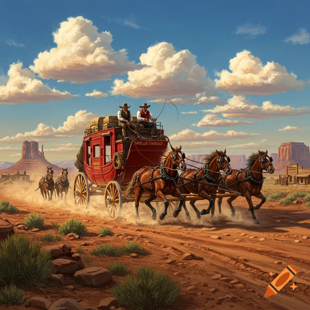 A red stagecoach pulled by four brown horses and driven by two cowboys kicks up dust on a dirt road in a western desert landscape under a blue sky.
