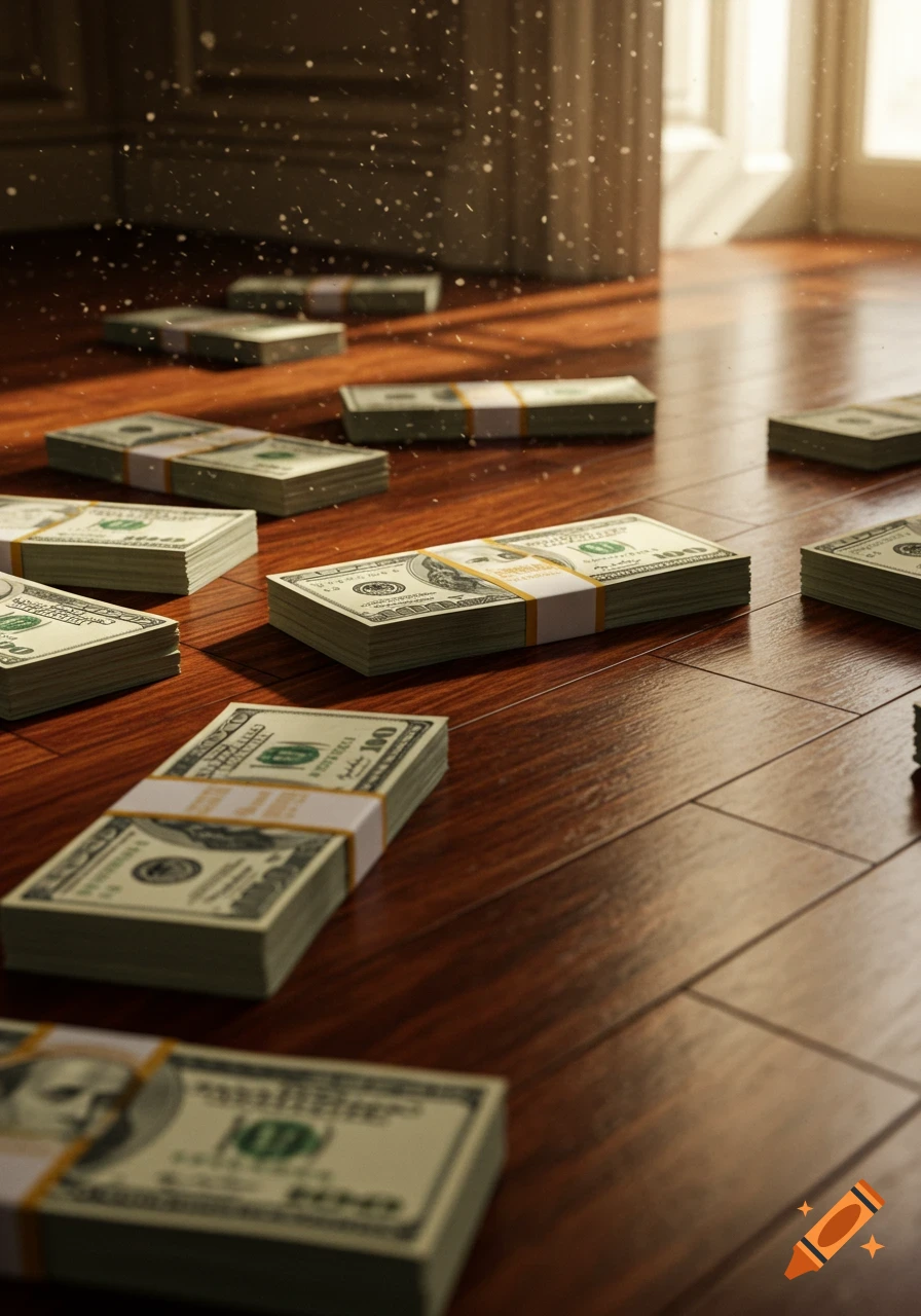 Stacks of hundred-dollar bills scattered on a glossy mahogany wooden floor, illuminated by sunlight.