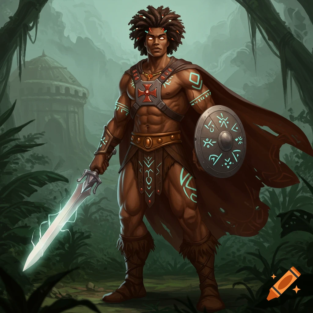 Muscular African American warrior with dreadlocks, holding a glowing sword and shield in a lush jungle with ruins.