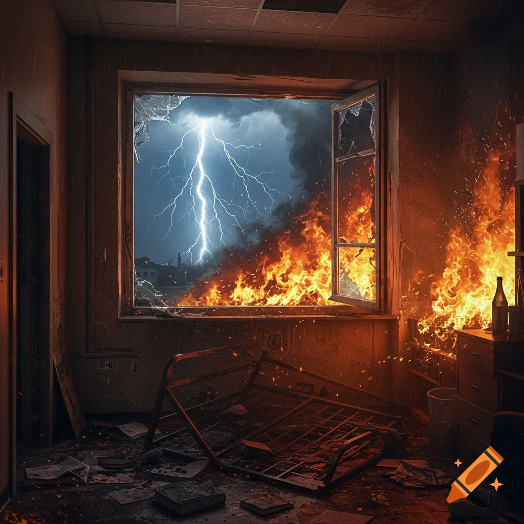A destroyed room engulfed in flames with lightning visible through a broken window during a storm.