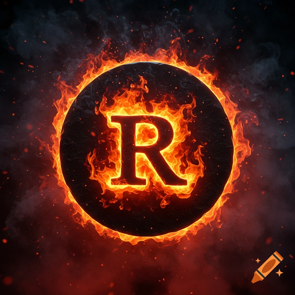 A glowing orange letter R encircled by vibrant flames and sparks against a dark, smoky background.