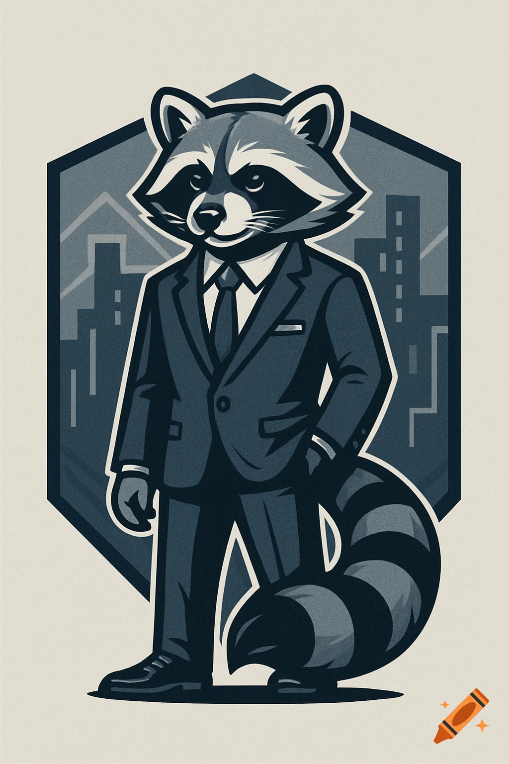A graphic logo featuring a stylized raccoon in a suit, set against a hexagonal background with city skyline elements.