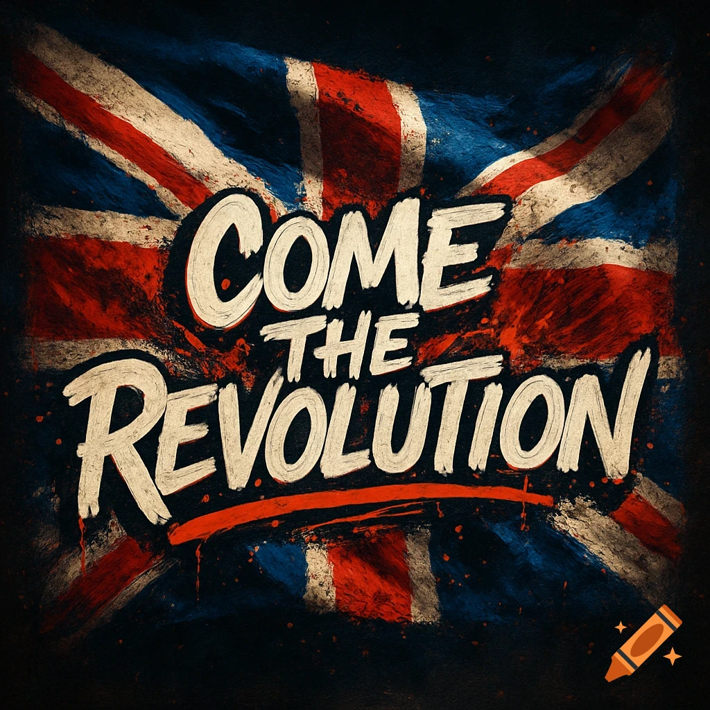 Stylized, distressed Union Jack flag with the white text 'COME THE REVOLUTION' in a grunge style.