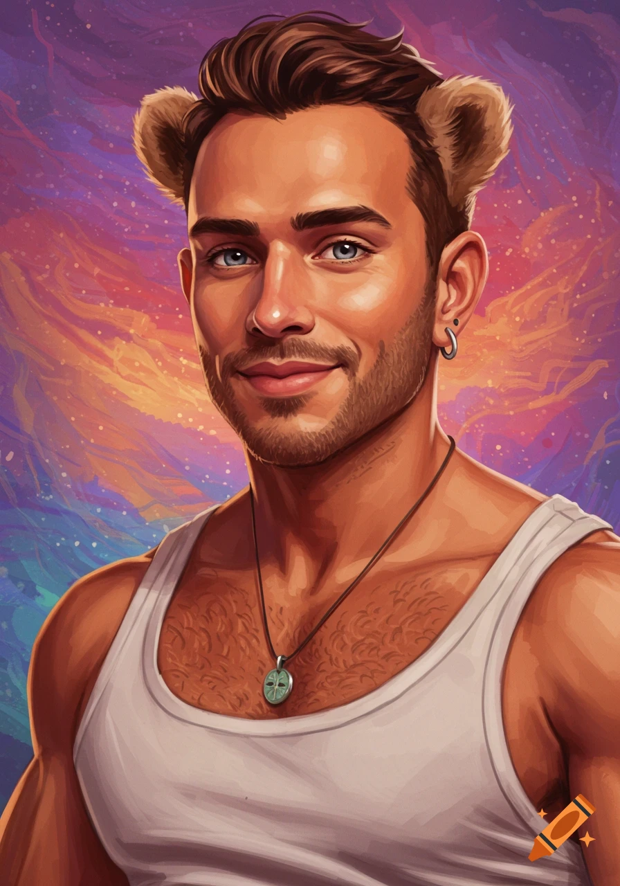 A vibrant digital portrait of a man with furry ears, a beard, and a white tank top, against an abstract colorful background.