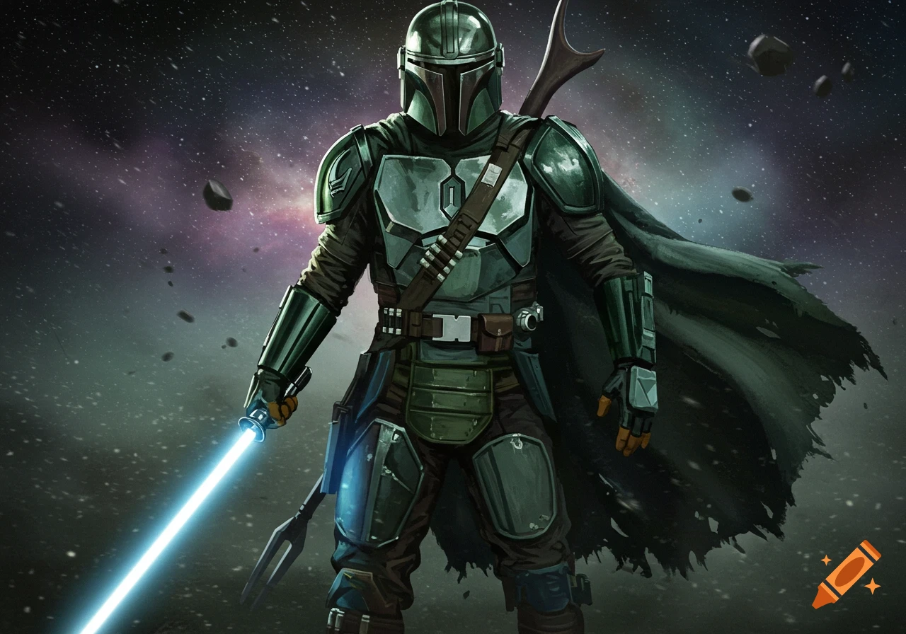 A Mandalorian warrior in green and silver armor holds a blue lightsaber, standing against a starry space background.