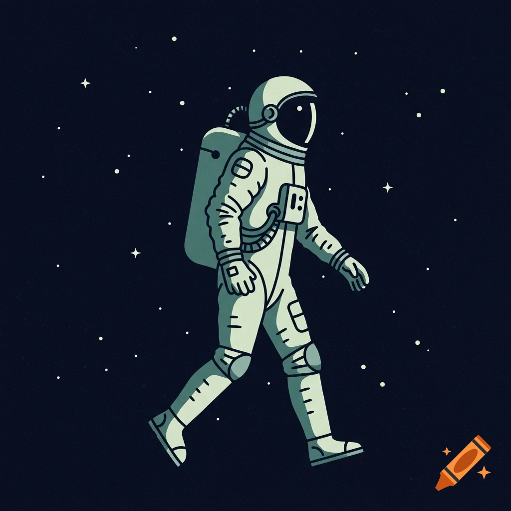 A stylized illustration of an astronaut walking in space, surrounded by stars.