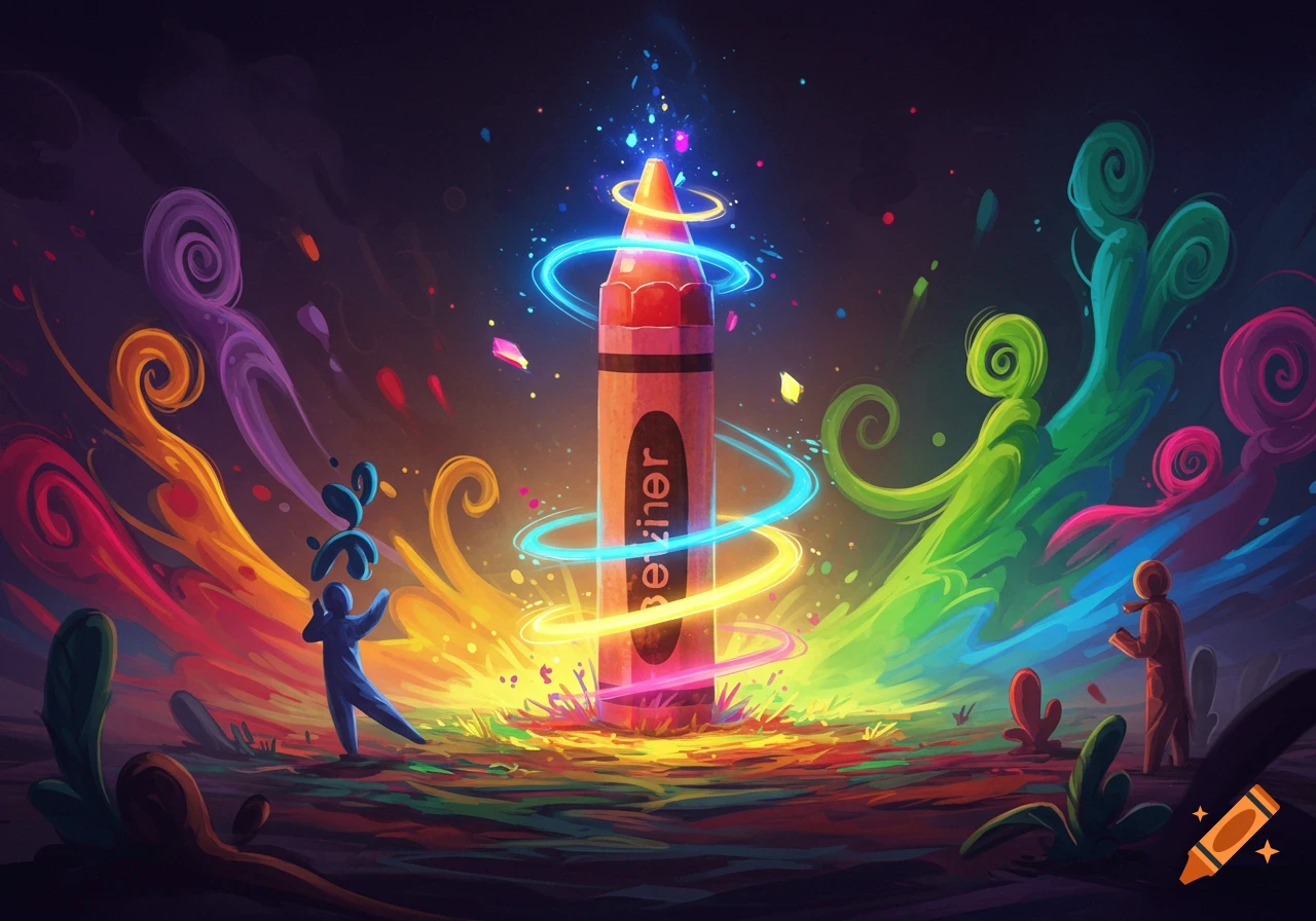 A vibrant, fantasy-style illustration shows a large glowing crayon amidst swirling colorful paint, with small figures interacting with the light.