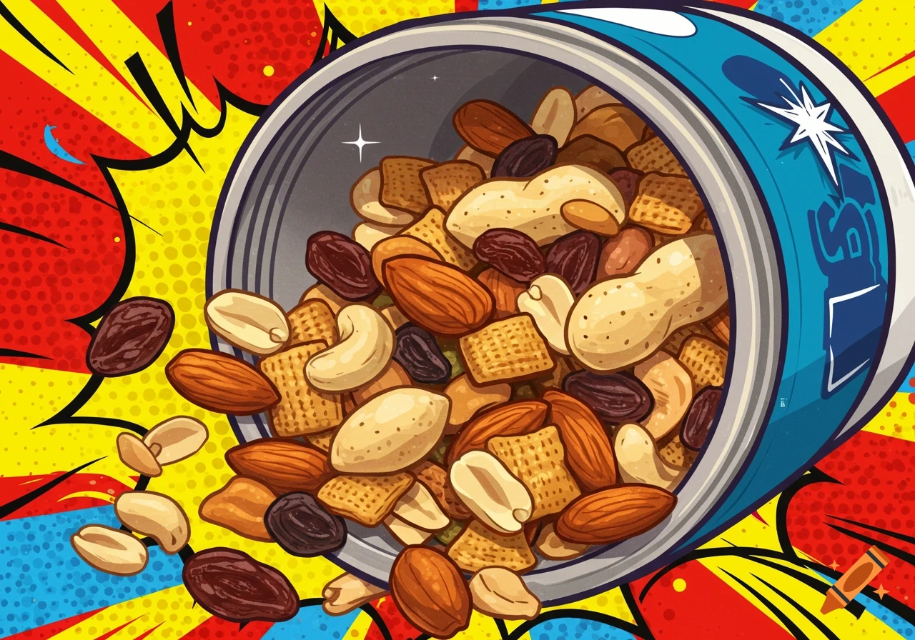 A pop art illustration of trail mix spilling out of a blue can, set against a vibrant red and yellow background.