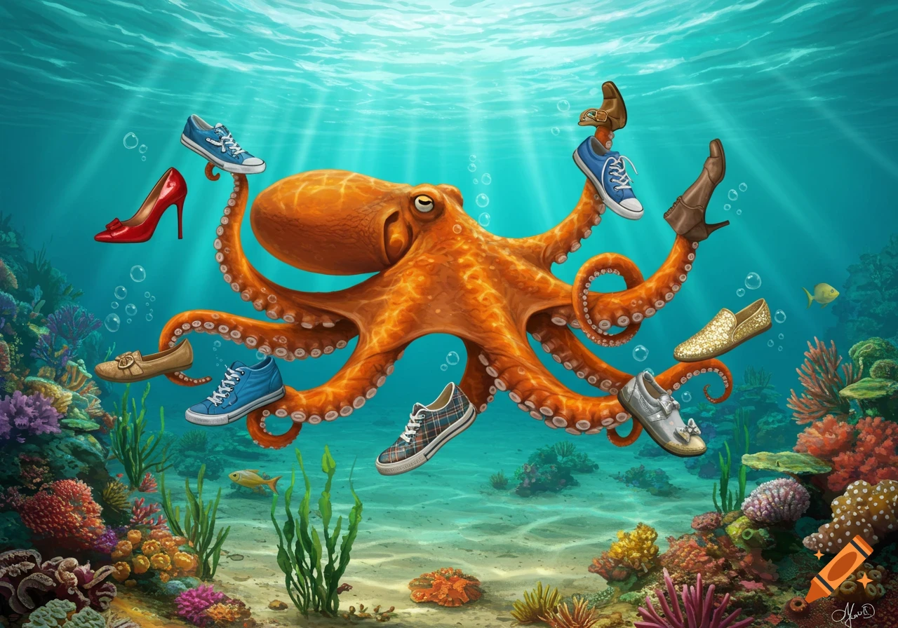 A whimsical illustration of a large orange octopus holding various shoes in its tentacles, surrounded by colorful coral reefs underwater.