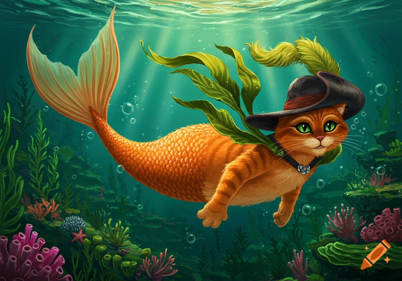 A cartoon Puss in Boots with an orange striped mermaid tail swims underwater, wearing a black hat and green kelp cape.