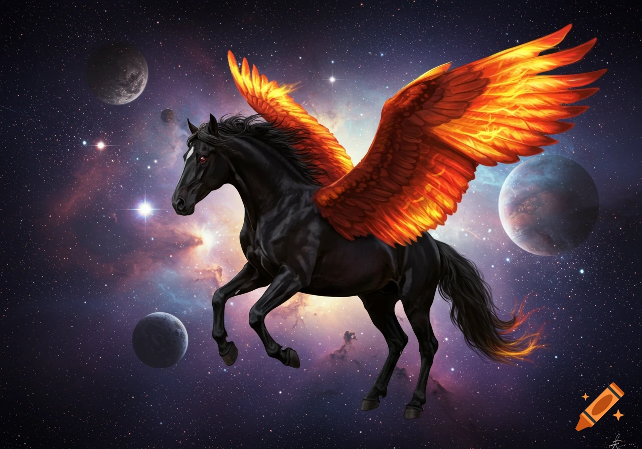 A black winged horse with fiery orange wings and galaxy eyes flies through a vibrant, star-filled space with planets.