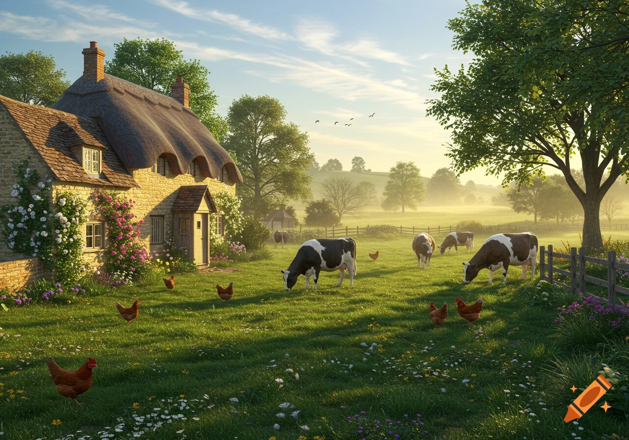 Photorealistic English cottage with a thatched roof in a sunny, green field with grazing cows and chickens.