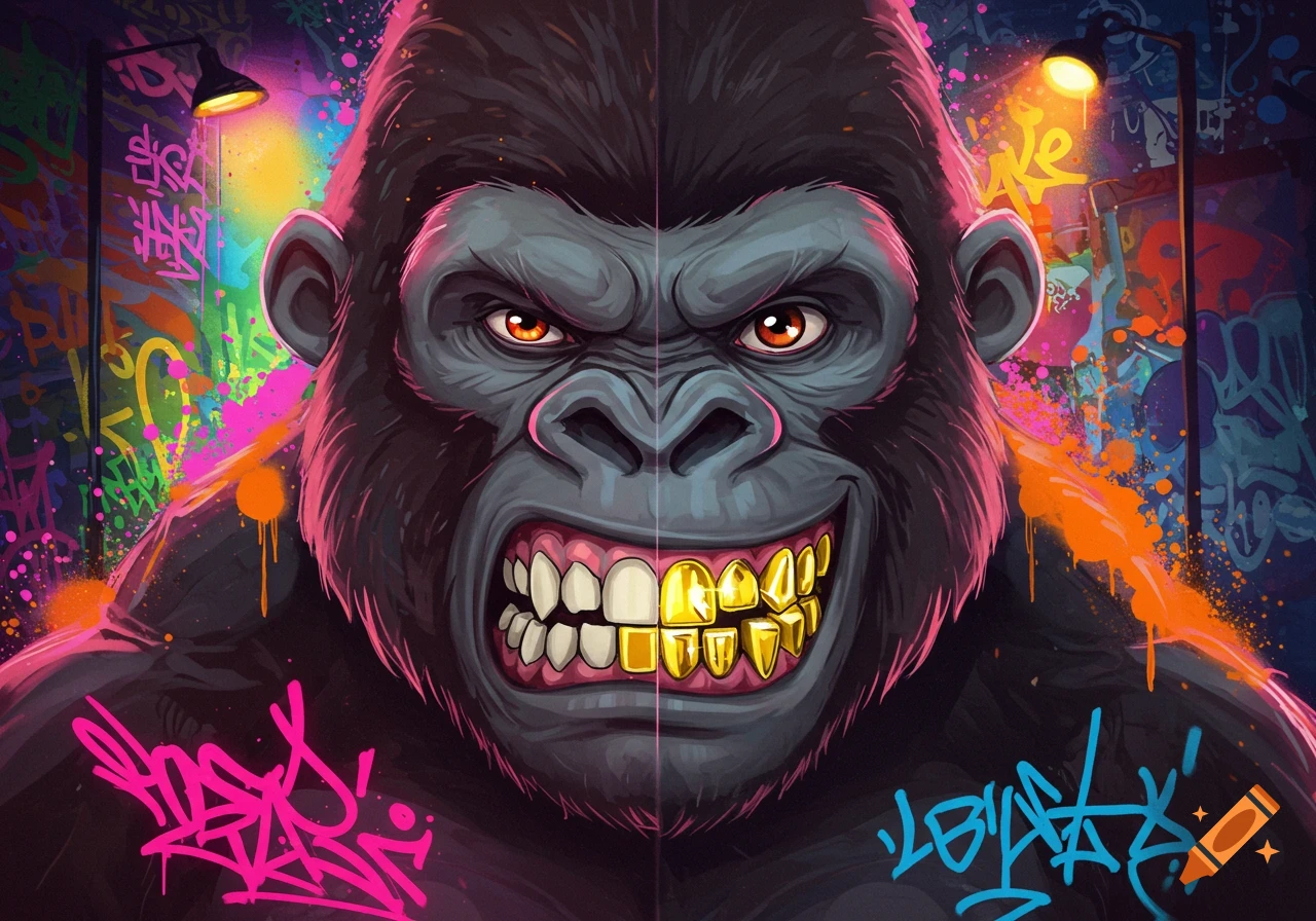 Cartoon gorilla with a split angry/smiling face and gold teeth, set against a colorful graffiti background.