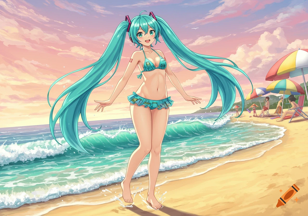 Hatsune Miku, an anime girl with long turquoise pigtails, smiles while standing in the shallow ocean water on a beach at sunset, wearing a turquoise bikini. People and umbrellas are visible in the background.