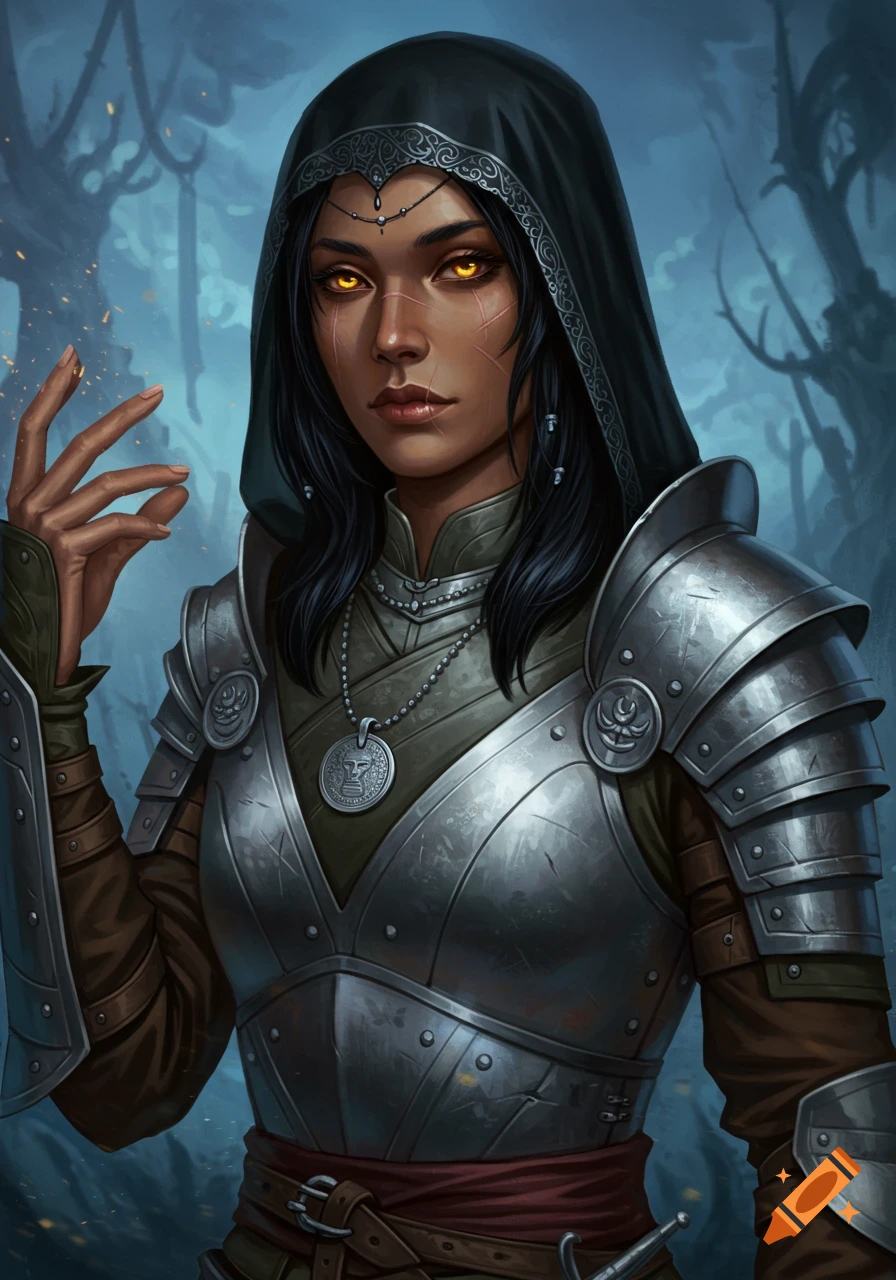 A dark-haired female cleric with glowing gold eyes and facial scars, wearing ornate silver armor and a black hooded veil, with light on her raised hand in a fantasy art style.