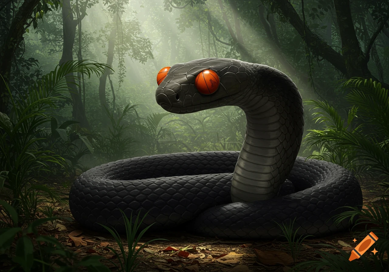 A black snake with orange basketballs for eyes coils on a jungle floor under dappled sunlight.