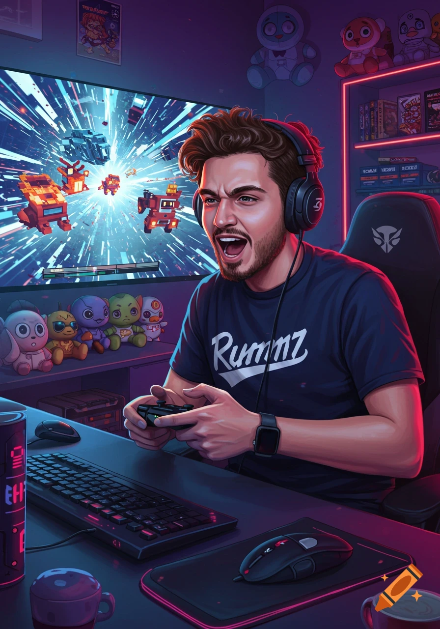 Digital art of a man with headphones, excitedly playing a pixelated video game on a large screen in a neon-lit gaming room.