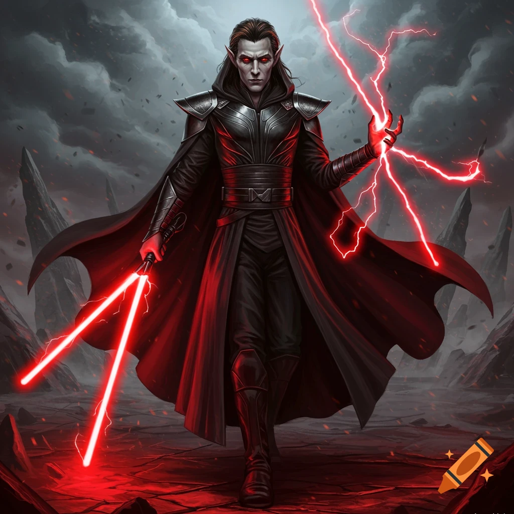 A dark elf character in black robes wields two red lightsabers and red force lightning in a desolate, dark landscape under a stormy sky.