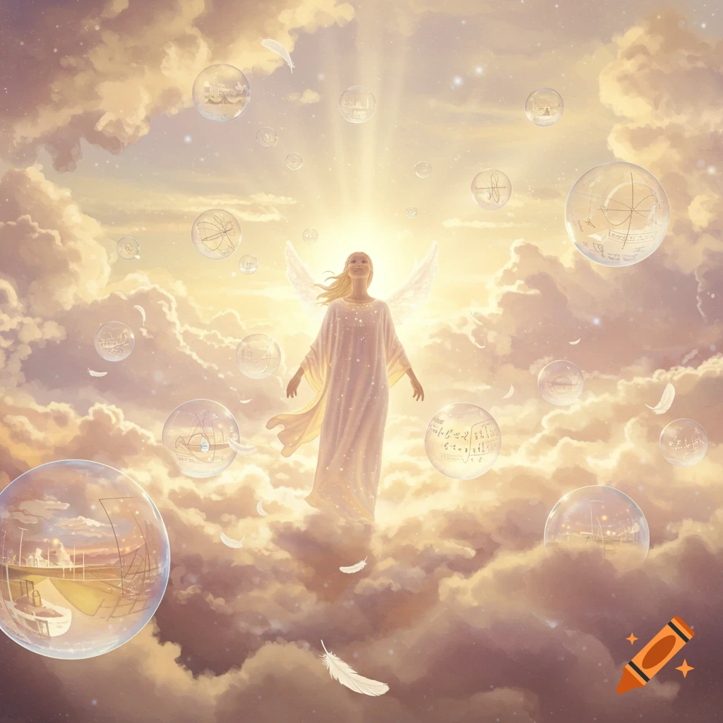 An ethereal angel with wings floats in a bright, cloudy sky, surrounded by translucent bubbles containing scientific equations, music notes, and architectural drawings.