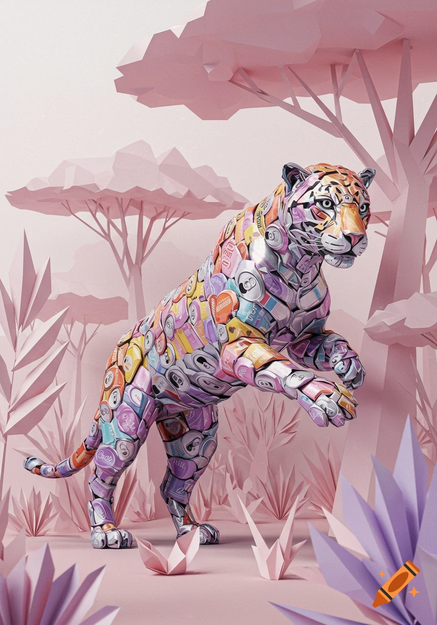 A pastel rainbow-colored jaguar sculpture made from soda cans stands in a light pink origami forest.