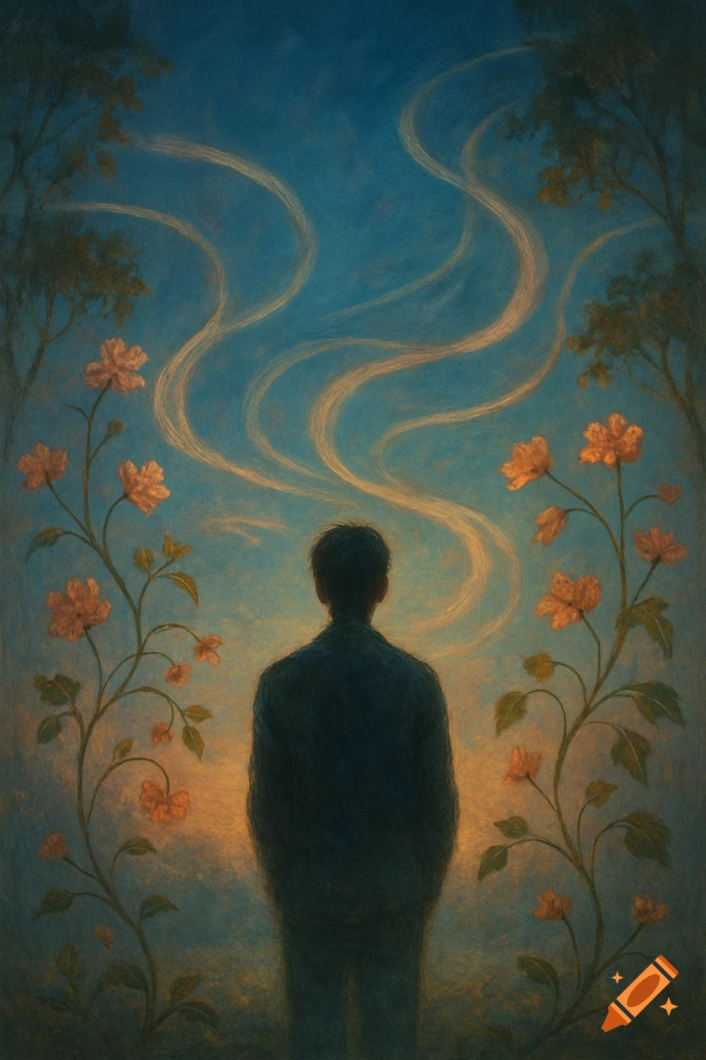 Painterly image of a person from behind, looking up at a blue sky with wavy light trails, framed by flowering vines.